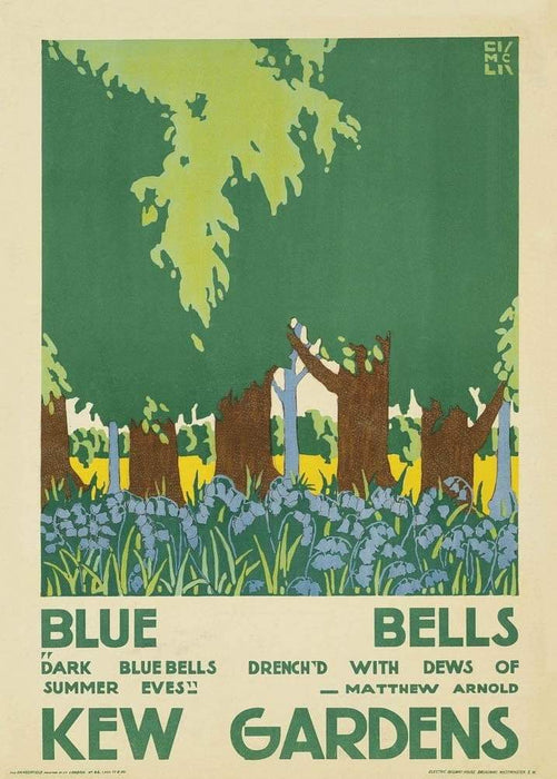 Vintage London Underground 'Kew Gardens Blue Bells', 1920, Edward McKnight Kauffer, Reproduction Vintage Art Deco Travel Poster