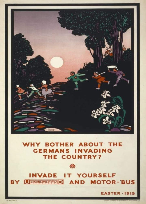 Vintage London Underground 'Why Bother About The Germans invading The Countryside', 1915, Edward McKnight Kauffer, Reproduction Vintage Travel Poster