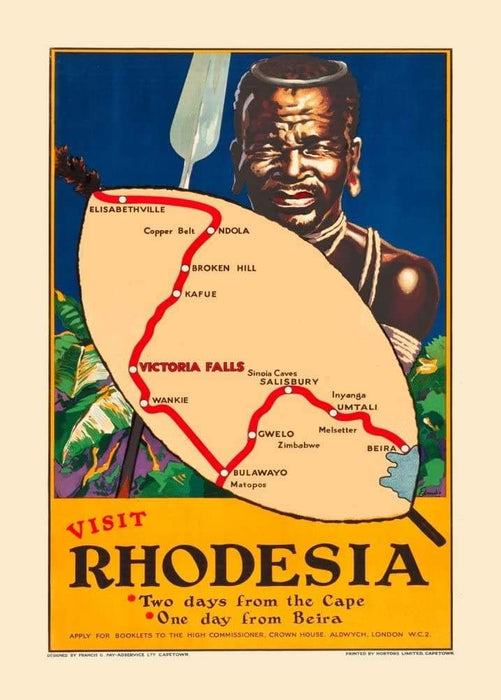 Vintage Travel Zimbabwe 'Rhodesia in Africa. Two Days from The Cape', 1930's, Reproduction Vintage Art Deco Travel Poster