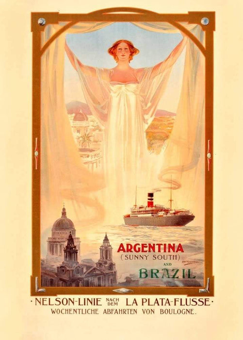 Vintage Travel Argentina 'Nelson Line to Argentina and Brazil', France, 1900's, Reproduction Vintage Art Nouveau Travel Poster