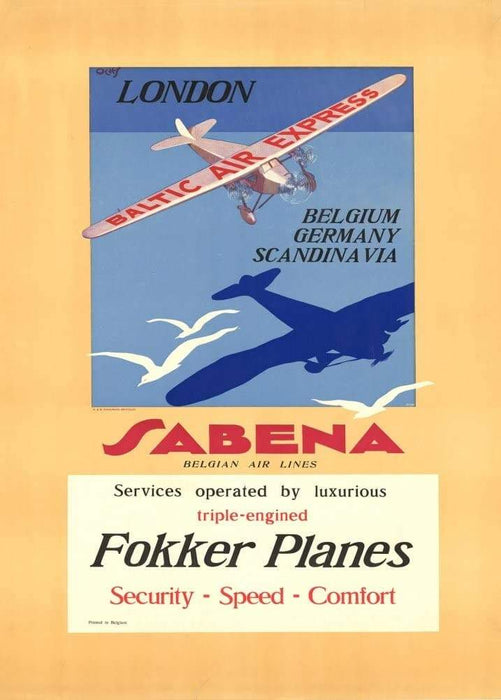 Vintage Travel Scandinavia 'England, Germany and Beligium with Baltic Air Express', Belgium, 1930, Reproduction Vintage Art Deco Travel Poster