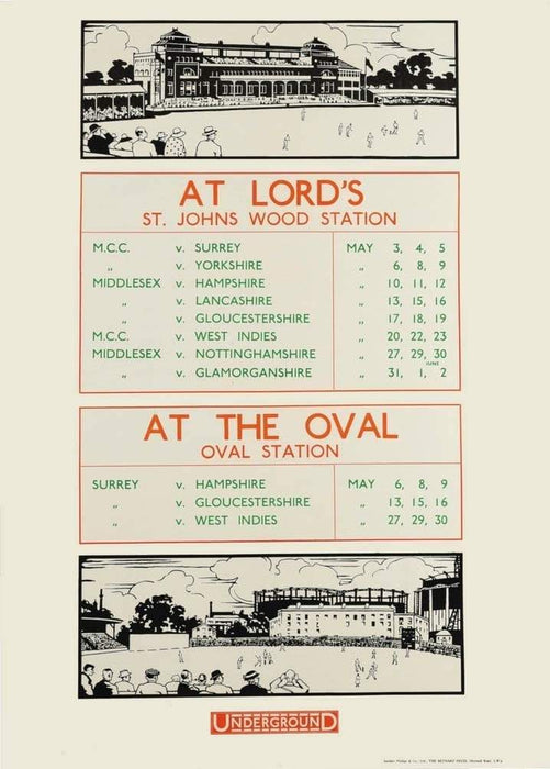 Vintage London Underground 'Cricket at Lord's and The Oval', 1913, Reproduction Classic English Travel Poster