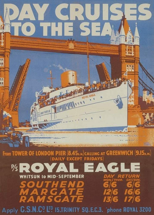 Vintage Travel England 'Southend, Margate and Ramsgate Day Cruises', 1930's, Reproduction Art Deco Vintage Travel Poster
