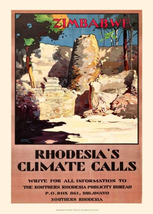 Vintage Travel Africa 'Zimbabwe. Rhodesia's Climate Calls', 1928, Reproduction Vintage Art Deco Travel Poster