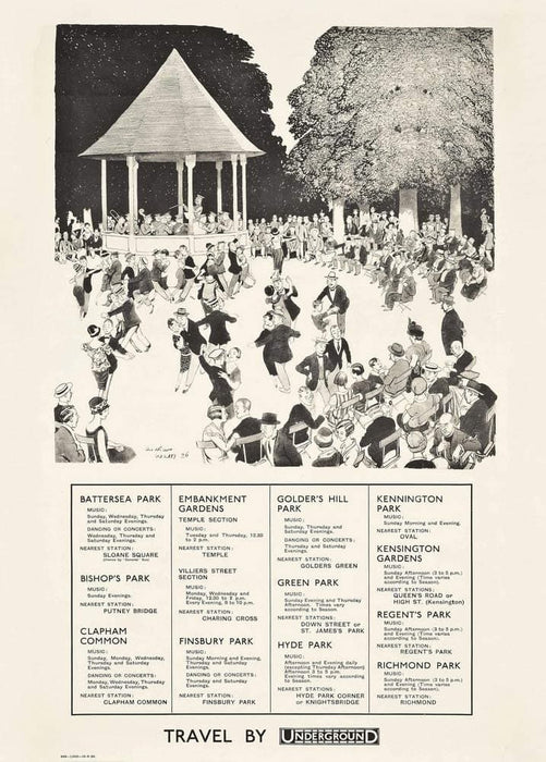Vintage London Underground 'Music in The Parks', by Arthur Watts, Reproduction Classic English Travel Poster