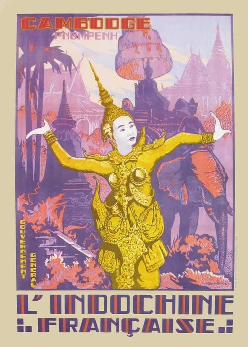 Vintage Travel Cambodia 'Phnom Penh and Indochine', France, 1930's, Reproduction Vintage Art Deco Travel Poster