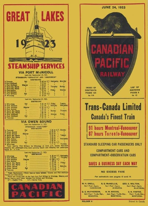 Vintage Travel Canada 'Canadian Railways and Steamship Company Timetable', 1923, Reproduction Vintage Art Deco Travel Poster
