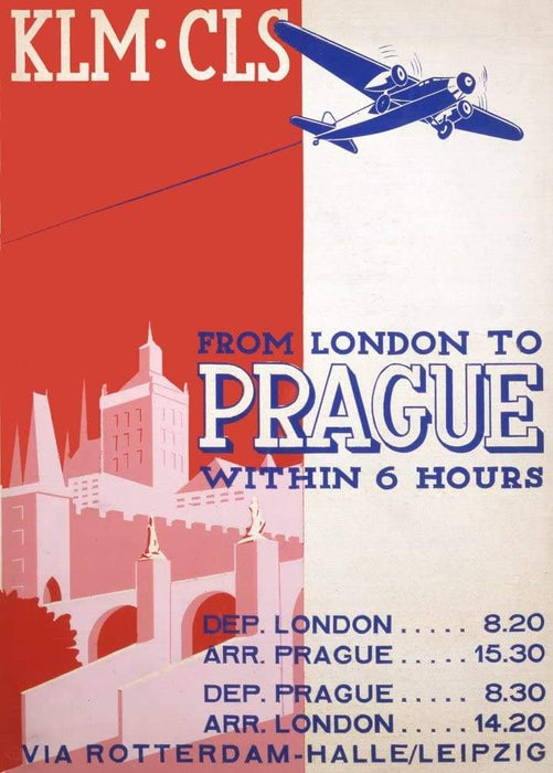Vintage Travel Czechoslavakia 'Prague from London in Six Hours', 1937, Reproduction Vintage Art Deco Travel Poster