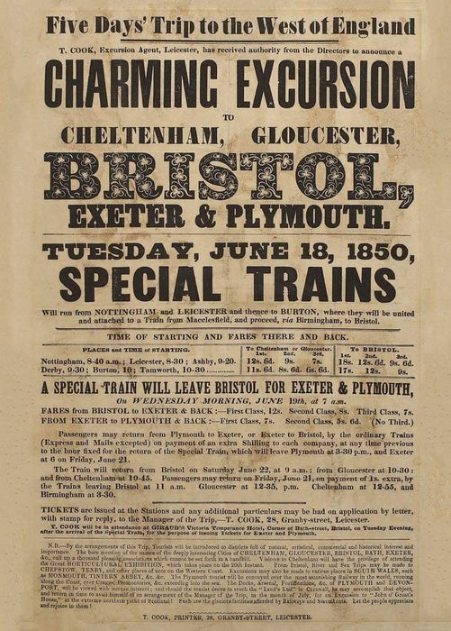 Vintage Travel England 'Bristol, Exeter and Plymouth with Thomas Cook Excursions', 1850's, Reproduction Vintage English Travel Poster