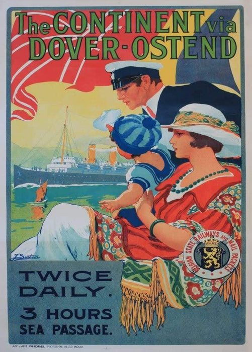 Vintage Travel England 'Dover, Kent to and from Ostend, Belgium', 1920's, Reproduction Vintage Art Deco Travel Poster