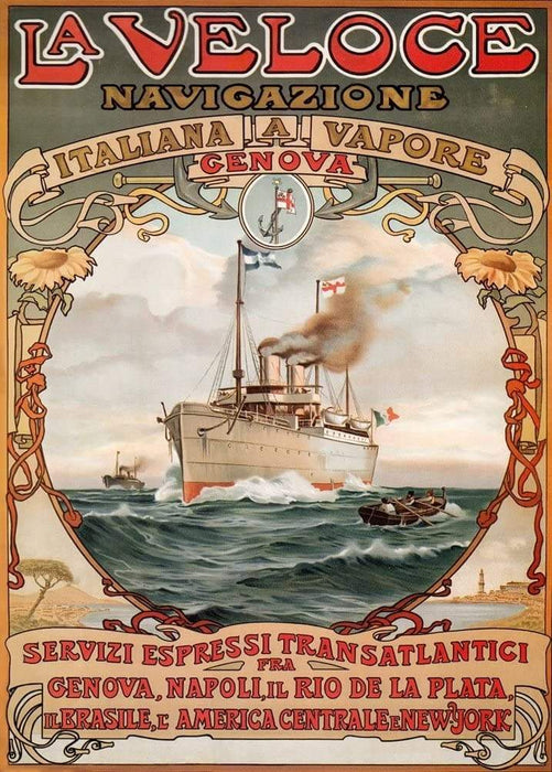 Vintage Travel Brazil 'South America from Genoa with La Veloce Navigazione', Italy, 1899, Reproduction Vintage Art Nouveau Travel Poster