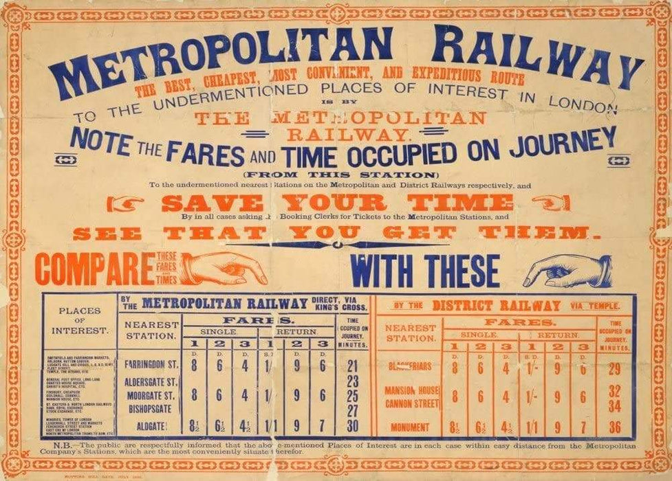 Vintage Travel England 'Metropolitan Railway to The Places of Interest in London', 1886, Reproduction Vintage Travel Poster