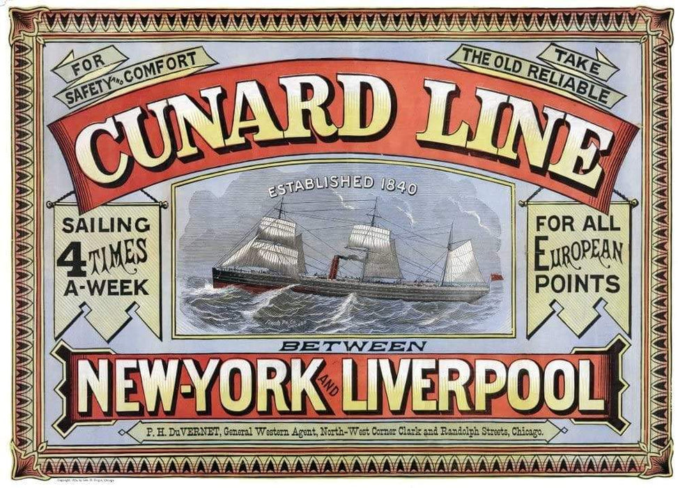 Vintage Travel England 'Liverpool to New York on The Cunard Line', 1874, Reproduction Vintage Travel Poster