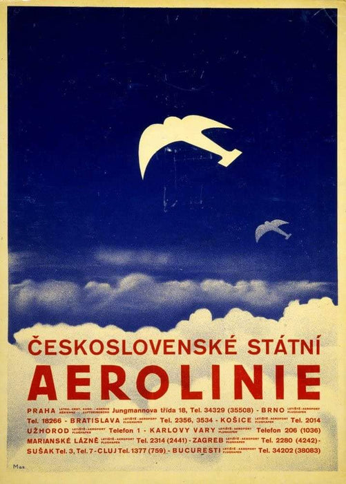 Vintage Travel Czechoslovakia 'Prague with Aerolinie Airlines', Circa. 1930's, Reproduction Vintage Art Deco Travel Poster