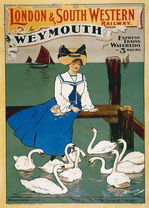 Vintage Travel England 'Weymouth Express Trains from Waterloo, London', 1904, Reproduction Vintage Art Nouveau Travel Poster