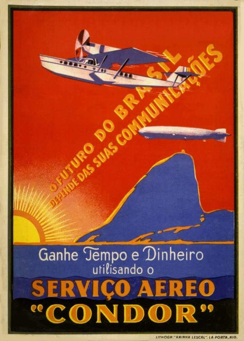 Vintage Travel Brazil 'Servico Aereo Condor O Futuro Do Brasil', Brazil, Circa. 1925, Reproduction Vintage Art Deco Travel Poster