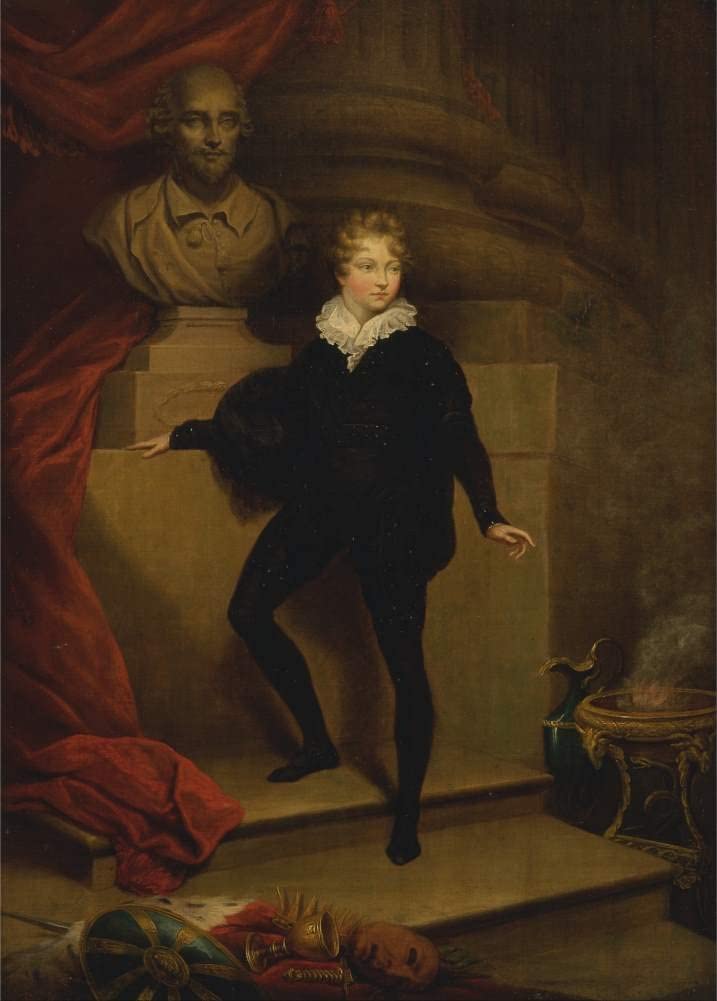 Vintage Film and Theatre 'Shakespeare. Hamlet. Master Betty as Hamlet Before a Bust of Shakespeare', England, 1804-6, James Northcote, Reproduction 250gsm A4 & A3 Vintage Shakespeare Poster wall art poster – printed in Yorkshire