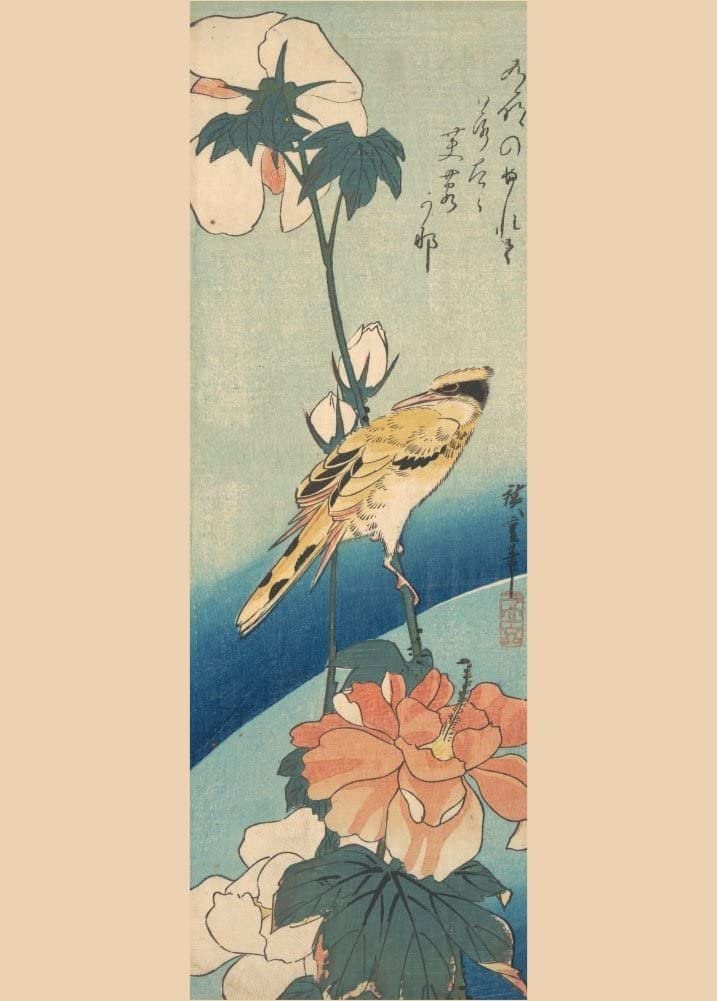 RPW Roystone Print Works Hiroshige 'Hibiscus and a Yellow Bird', Japan, 19th Century, Reproduction gloss A4 & A3 Vintage Classic Ukiyo-e Art Poster wall art poster – printed in Yorkshire