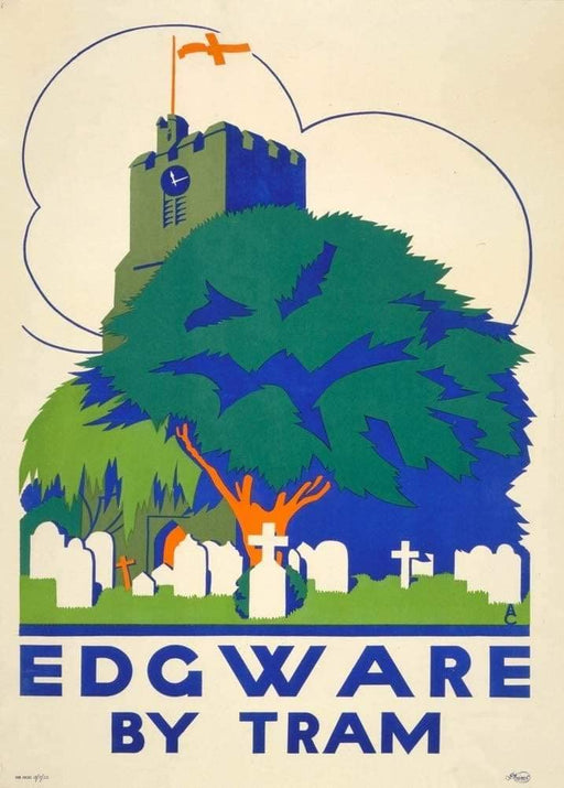 RPW Roystone Print Works Vintage Underground 'Edgware by Tram', 1923, Reproduction Classic Art Deco English Travel Poster wall art poster – printed in Yorkshire