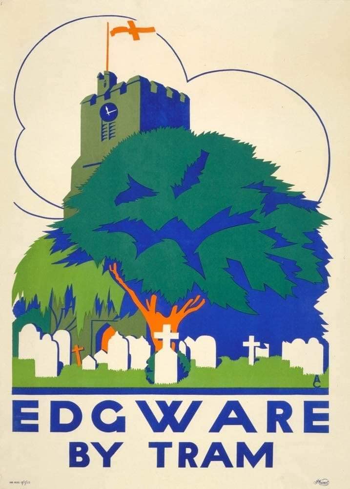 Vintage London 'Edgware by Tram', 1923, Reproduction Classic Art Deco English Travel Poster wall art poster – printed in Yorkshire
