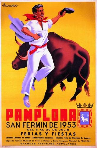 Funky Print Vintage 1953 Pamplona Running of The Bulls Tourism Poster Wall Art A3 & A4 wall art poster – printed in Yorkshire