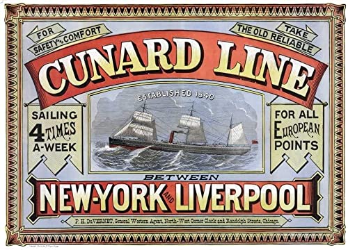 Vintage Travel England 'Liverpool to New York on The Cunard Line', 1874, Reproduction Sailing Poster wall art poster – printed in Yorkshire