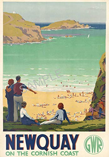 Vintage Railway Poster Wall Art A3 & A4 Newquay Beach Cornwall GWR Train Travel Ad Seaside Holiday Art Deco Print wall art poster – printed in Yorkshire