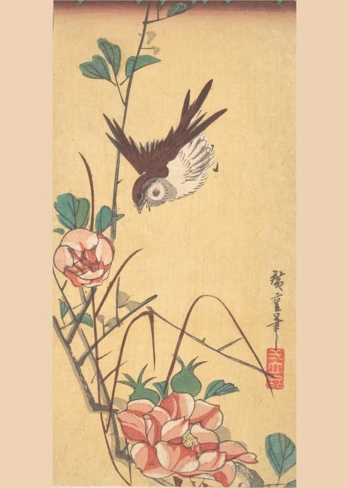 RPW Roystone Print Works Hiroshige 'Roses and Sparrow', Japan, 19th Century, Reproduction gloss A4 & A3 Vintage Classic Ukiyo-e Art Poster wall art poster – printed in Yorkshire