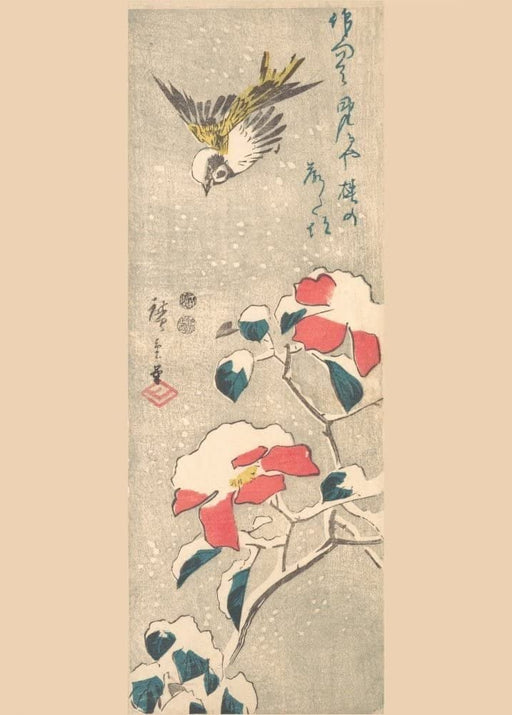 RPW Roystone Print Works Hiroshige 'Sparrow and Snow-Covered Camellia', Japan, 19th Century, Reproduction gloss A4 & A3 Vintage Classic Ukiyo-e Art Poster wall art poster – printed in Yorkshire