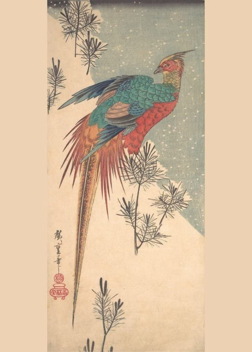 RPW Roystone Print Works Hiroshige 'Golden Pheasant and Pine Shoots in Snow', Japan, 19th Century, Reproduction gloss A4 & A3 Vintage Classic Ukiyo-e Art Poster wall art poster – printed in Yorkshire