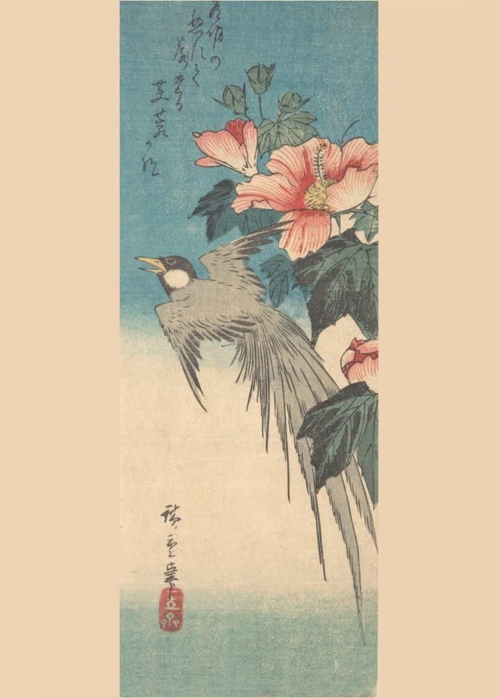 RPW Roystone Print Works Hiroshige 'Hibiscus Mutabilis and Long-Tailed Bird', Japan, 19th Century, Reproduction gloss A4 & A3 Vintage Classic Ukiyo-e Art Poster wall art poster – printed in Yorkshire