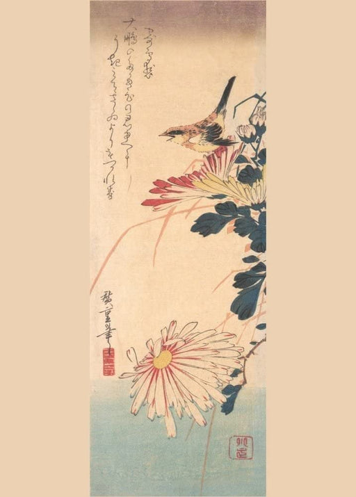 RPW Roystone Print Works Hiroshige 'Shrike and Chrysanthemums', Japan, 19th Century, Reproduction gloss A4 & A3 Vintage Classic Ukiyo-e Art Poster wall art poster – printed in Yorkshire