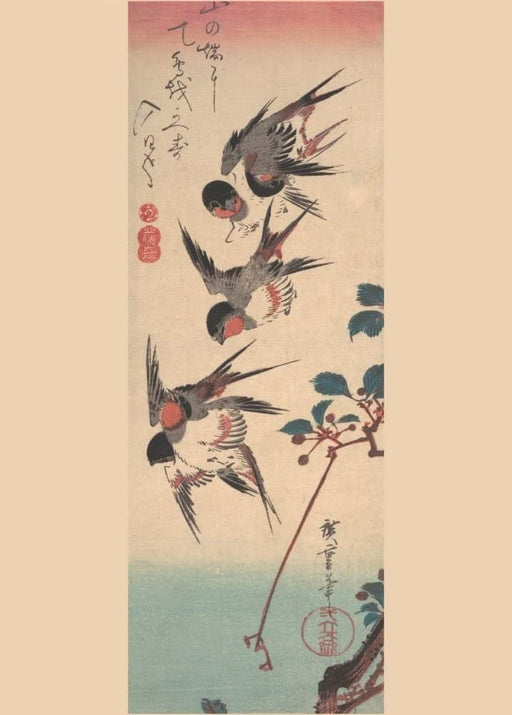 RPW Roystone Print Works Hiroshige 'Swallows and Wild Cherry', Japan, 19th Century, Reproduction gloss A4 & A3 Vintage Classic Ukiyo-e Art Poster wall art poster – printed in Yorkshire