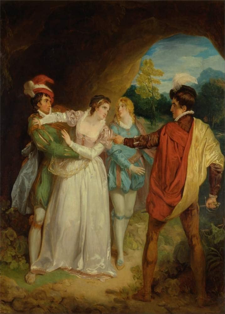 Vintage Film and Theatre 'Shakespeare. The Two Gentlemen of Verona. Valentine Rescuing Silvia from Protecus', England, 1792, Francis Wheatley, Reproduction 250gsm A4 & A3 Vintage Shakespeare Poster wall art poster – printed in Yorkshire