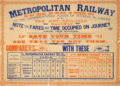 Vintage Travel England 'Metropolitan Railway to The Places of Interest in London', 1886, Reproduction Vintage Travel Poster wall art poster – printed in Yorkshire