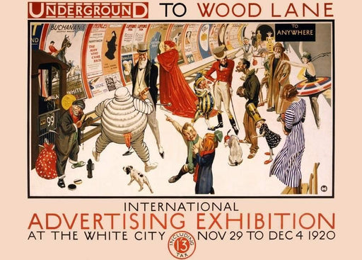 RPW Roystone Print Works Vintage Underground to 'Wood Lane Exhibition', England, 1920, Reproduction Vintage Art Deco Travel Poster wall art poster – printed in Yorkshire