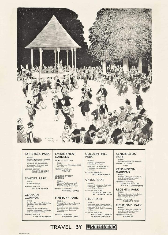 RPW Roystone Print Works Vintage London Underground 'Music in The Parks', by Arthur Watts, Reproduction Classic English Travel Poster wall art poster – printed in Yorkshire
