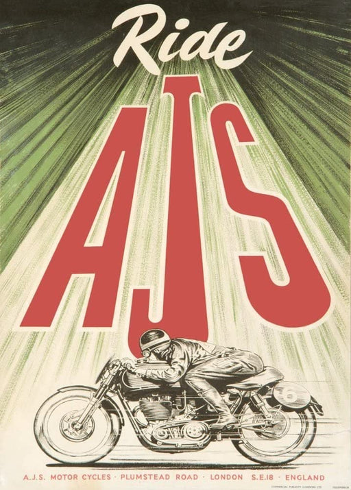 RPW Roystone Print Works Vintage Motorbikes 'Ride AJS Motorcyles', England, 1954, Reproduction 250gsm A4 & A3 Vintage Art Deco Poster wall art poster – printed in Yorkshire