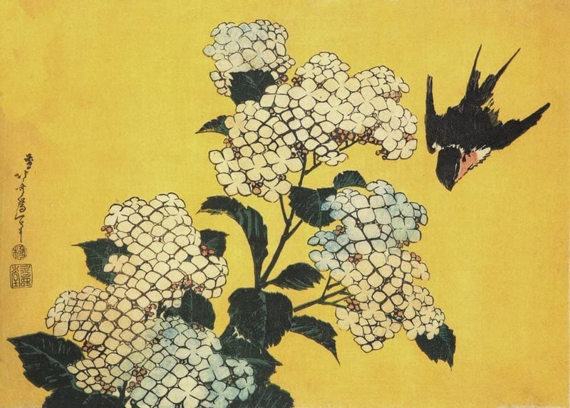RPW Roystone Print Works Hokusai 'Hydrangea and Swallow', Japan, 18-19th Century, Reproduction gloss A4 & A3 Ukiyo-e Classic Art Poster wall art poster – printed in Yorkshire