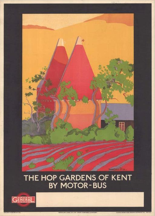 RPW Roystone Print Works Vintage London 'The Hop Gardens of Kent by Motor Bus', 1922, Reproduction 250gsm Gloss A4 & A3 Art Deco English Travel Poster wall art poster – printed in Yorkshire