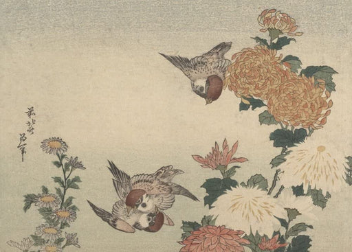 RPW Roystone Print Works Hokusai 'Sparrows and Chrysanthemums', Japan, 18-19th Century, Reproduction gloss A4 & A3 Ukiyo-e Classic Art Poster wall art poster – printed in Yorkshire
