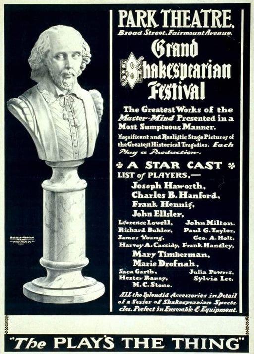 RPW Roystone Print Works Vintage Film and Theatre 'Shakespeare. Grand Shakespearian Festival', U.S.A, 1898, Reproduction 250gsm A4 & A3 Vintage Shakespeare Poster wall art poster – printed in Yorkshire