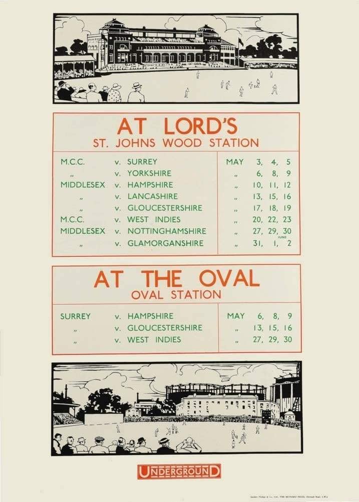 RPW Roystone Print Works Vintage Underground 'Cricket at Lord's and The Oval', 1913, Reproduction Classic English Travel Poster wall art poster – printed in Yorkshire