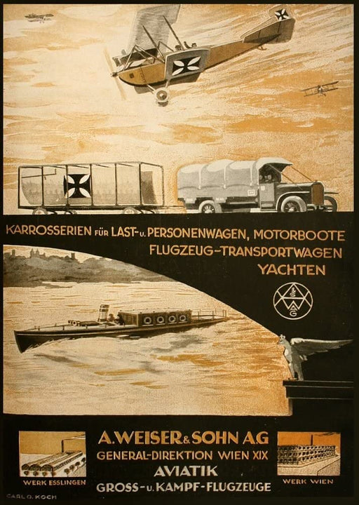 RPW Roystone Print Works Austrian WW1 1914-18 Aviation 'A. Weiser and Son Aeroplanes, Yachts, Cars, Motorbikes and Trucks', Reproduction 250gsm A4 & A3 Vintage Propaganda Poster wall art poster – printed in Yorkshire