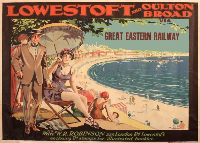 Vintage Travel England 'Lowestoft and Oulton Broad in Suffolk with Great Western Railway', 1915, Reproduction Vintage Travel Poster wall art poster – printed in Yorkshire
