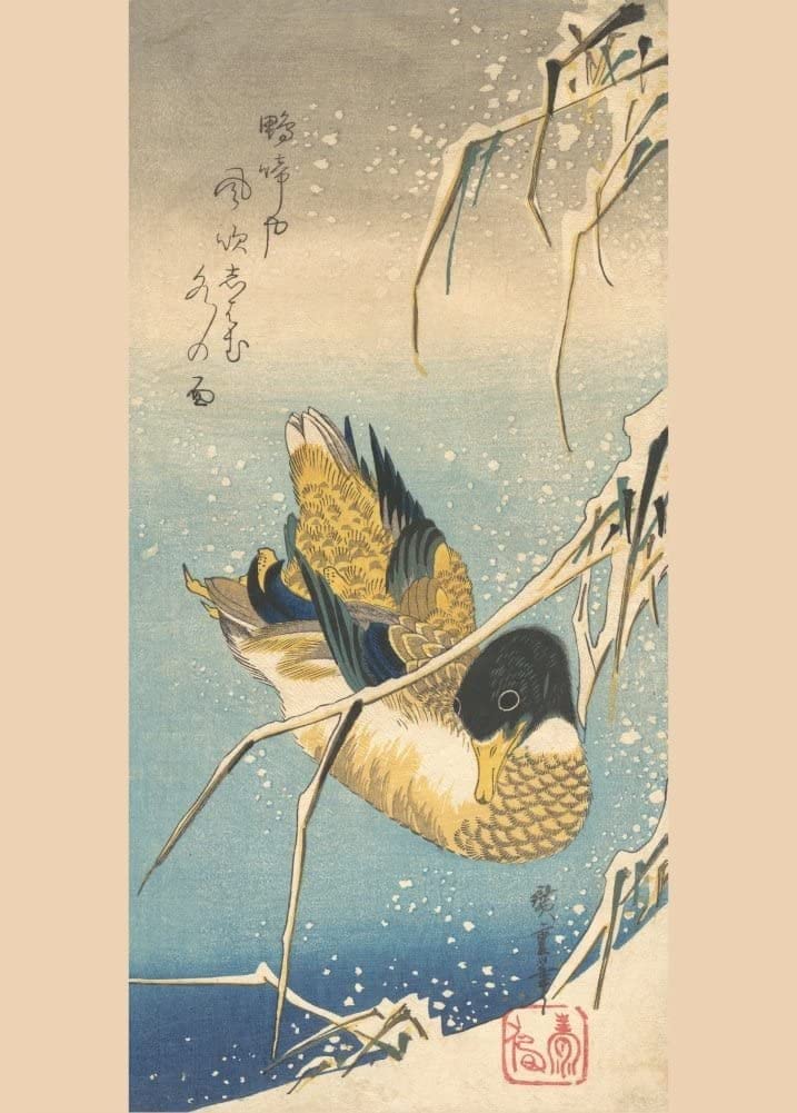 RPW Roystone Print Works Hiroshige 'Mallard Duck and Snow-Covered Reeds', Japan, 19th Century, Reproduction gloss A4 & A3 Vintage Classic Ukiyo-e Art Poster wall art poster – printed in Yorkshire