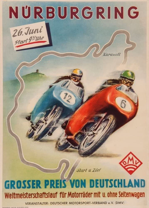 RPW Roystone Print Works Vintage Motorbikes 'Grand Prix at Nurburgring', Germany, 1955, Reproduction 250gsm A4 & A3 Vintage Art Deco Poster wall art poster – printed in Yorkshire