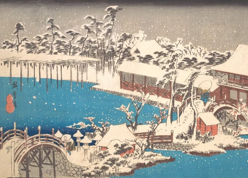 RPW Roystone Print Works Hiroshige 'Kameido Tenmangu Keidai no Yuki', Japan, 19th Century, Reproduction gloss A4 & A3 Vintage Classic Ukiyo-e Art Poster wall art poster – printed in Yorkshire