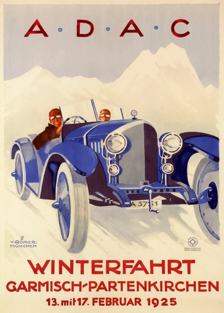 RPW Roystone Print Works Vintage Automobile 'Winter Road Race A.D.A.C', Germany, 1925, Reproduction 250gsm A4 & A3 Vintage Art Deco Automobile Poster wall art poster – printed in Yorkshire
