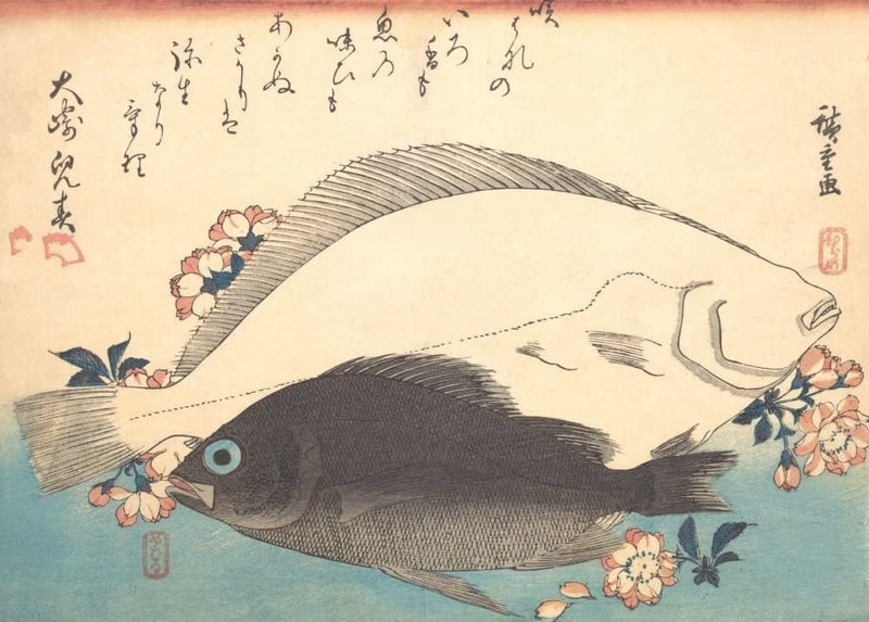 RPW Roystone Print Works Hiroshige 'Hirame and Mebaru Fish with Cherry Blossoms', Japan, 19th Century, Reproduction gloss A4 & A3 Vintage Classic Ukiyo-e Art Poster wall art poster – printed in Yorkshire